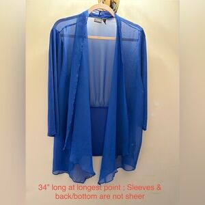 Chico’s Travelers Semi-sheer cardigan jacket topper
Size 3 XL Royal Blue
